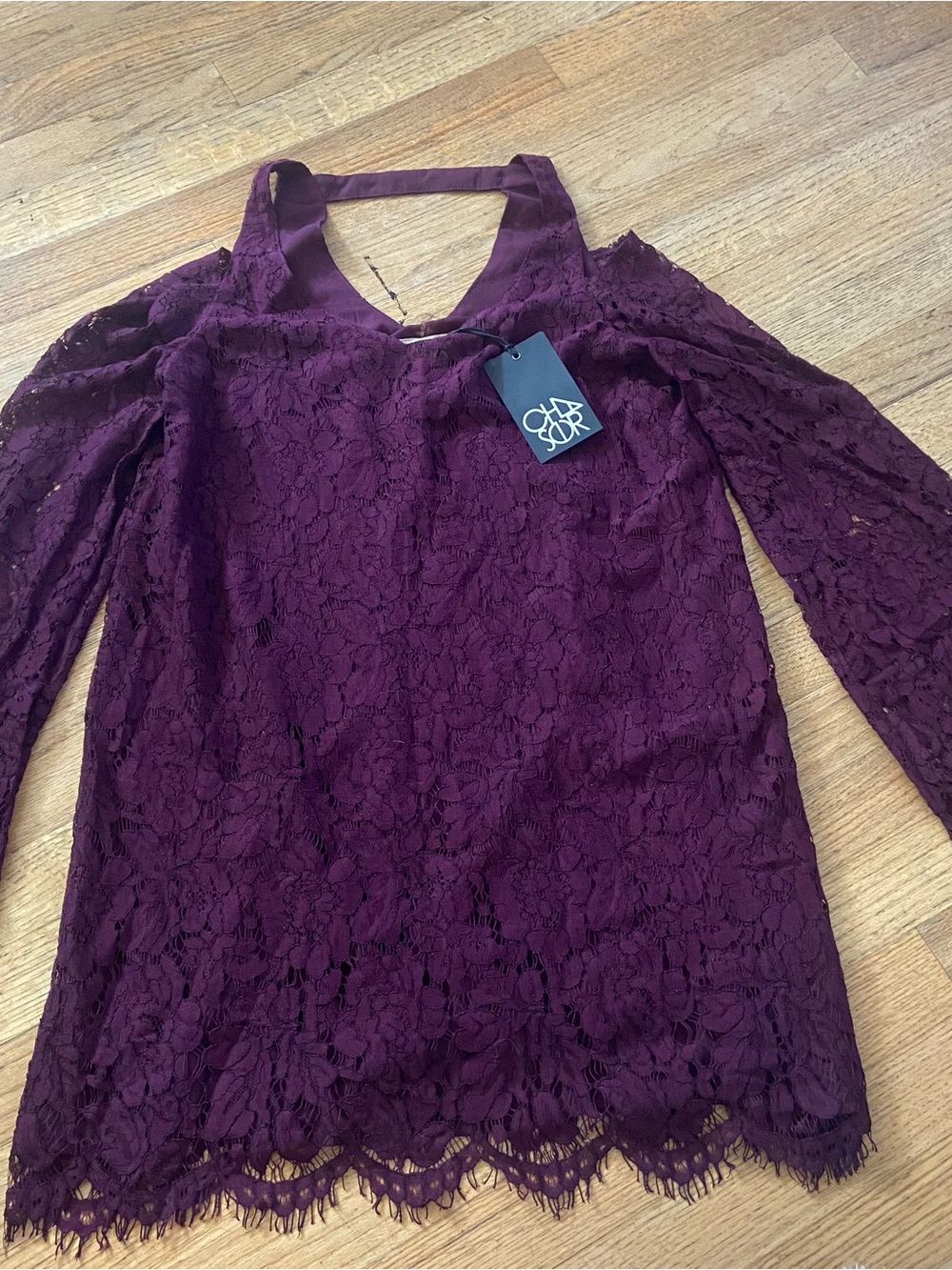 NWT Chaser Purple Lace Cold-Shoulder Bell-Sleeve Mini Dress - Size Medium